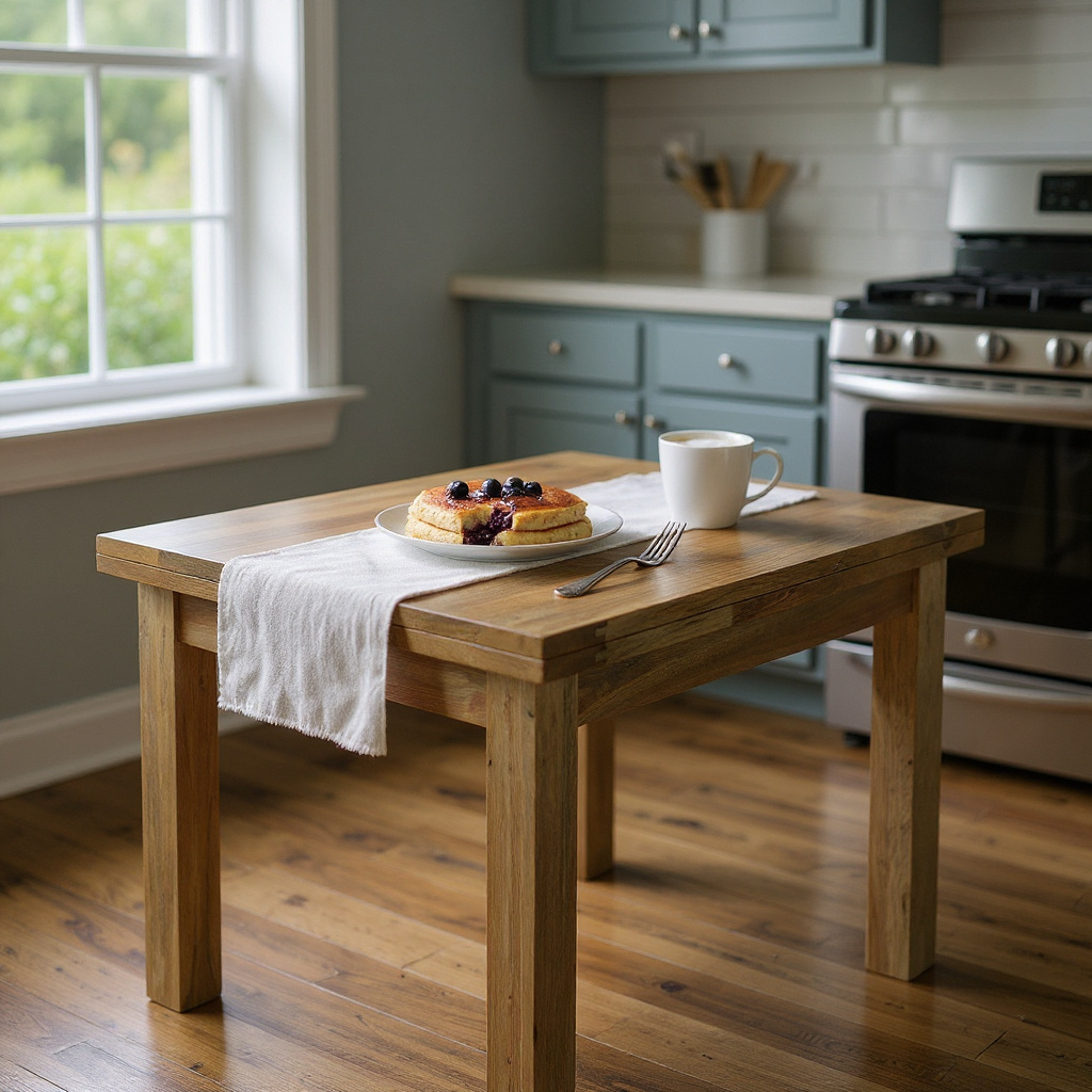 Wooden dining table with a plate of pancakes and a cup in a kitchen.