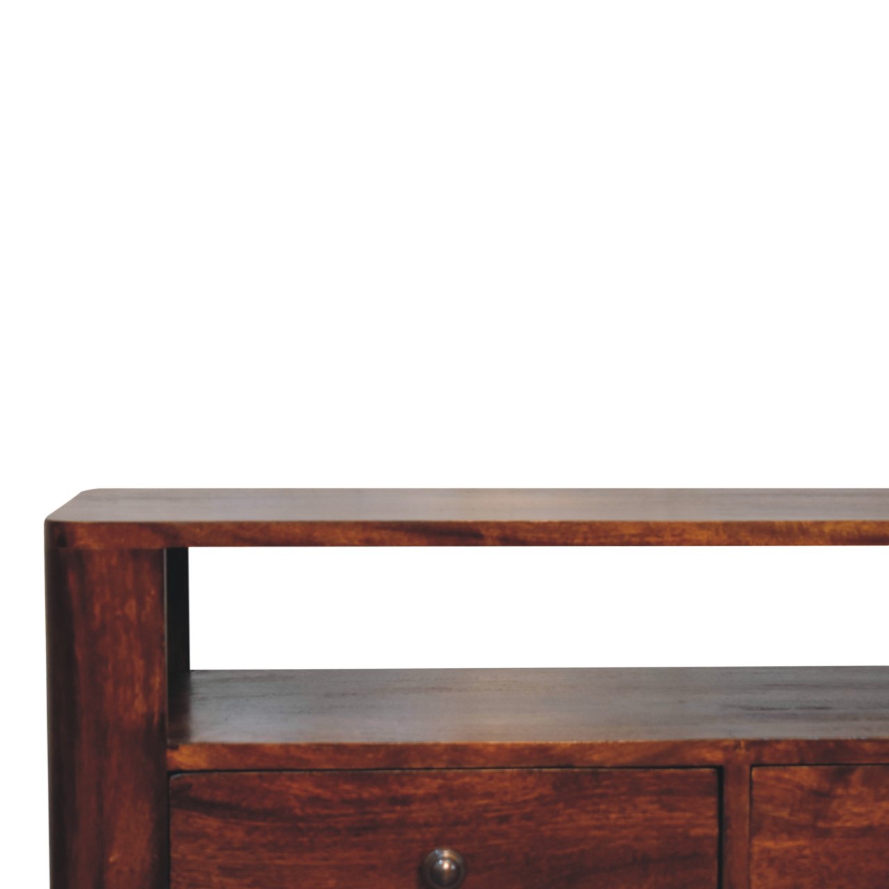 Wooden console table with a dark finish on a white background