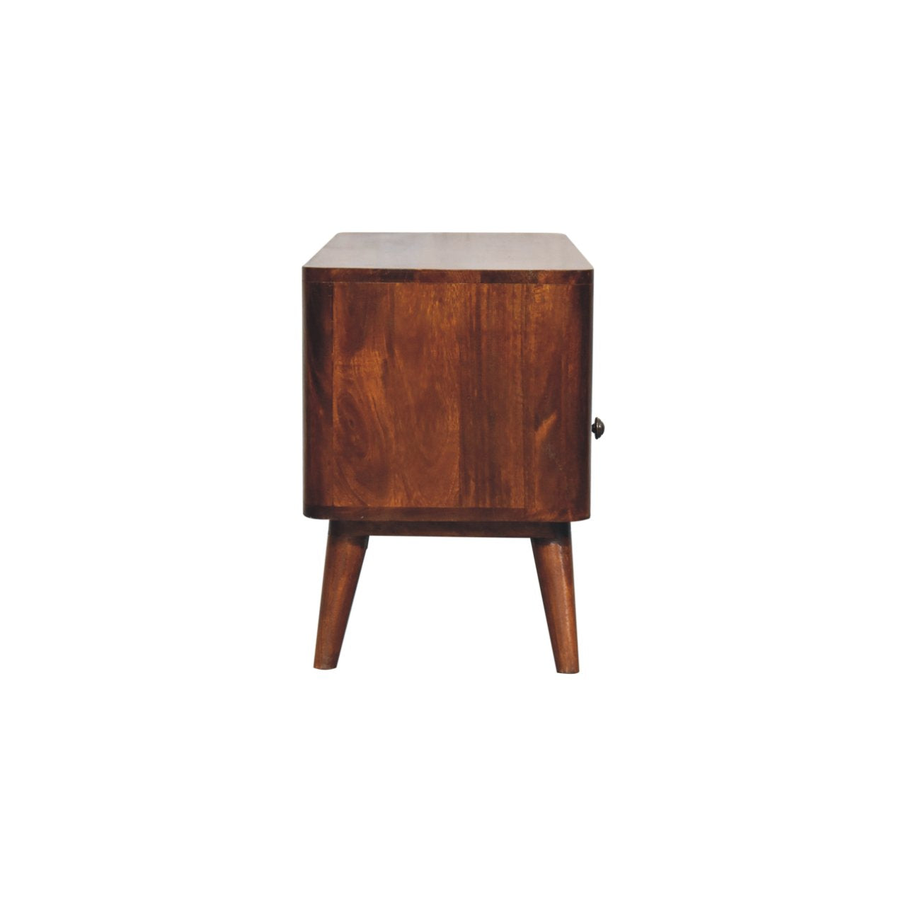 Wooden nightstand with a single drawer on a white background