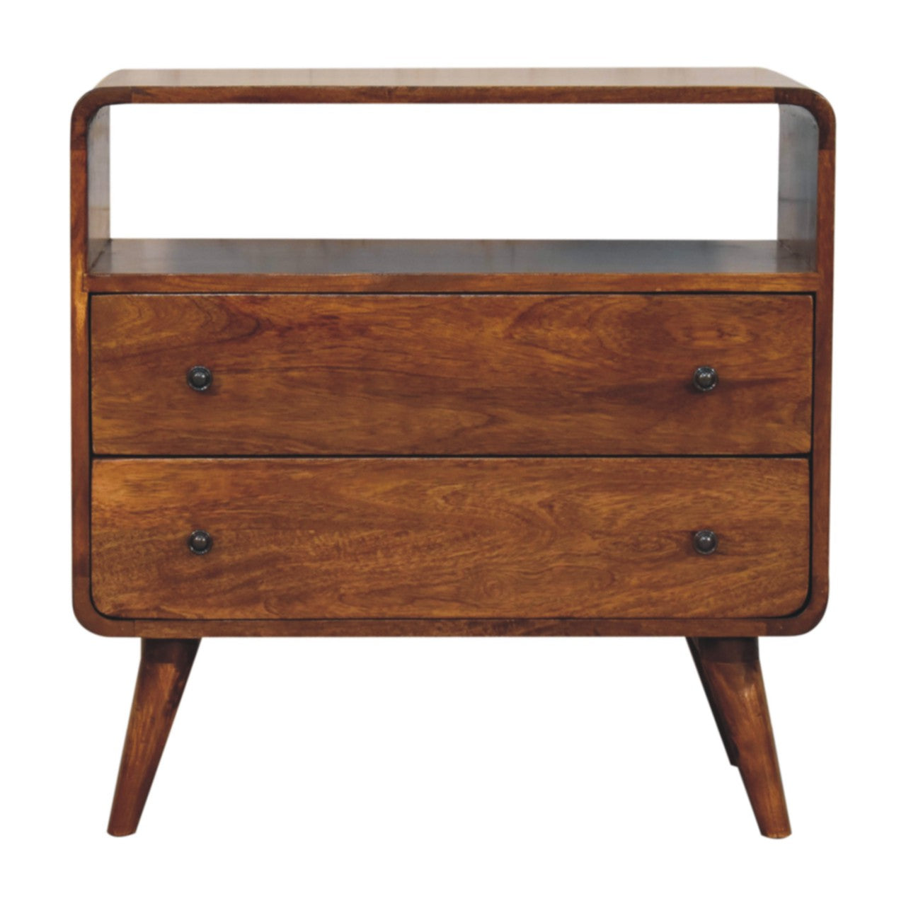 Wooden nightstand with two drawers on a white background