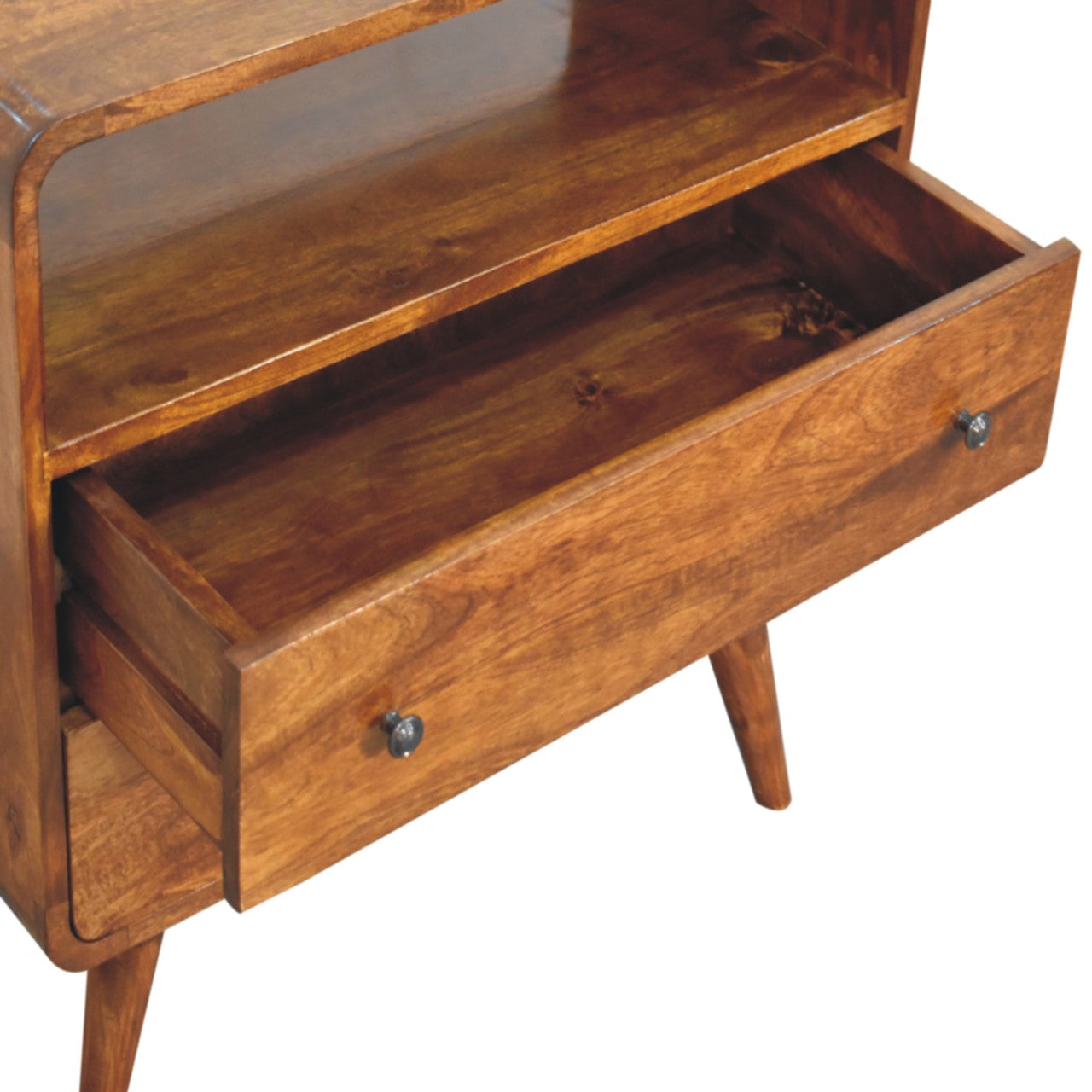 Wooden sideboard with an open drawer on a white background