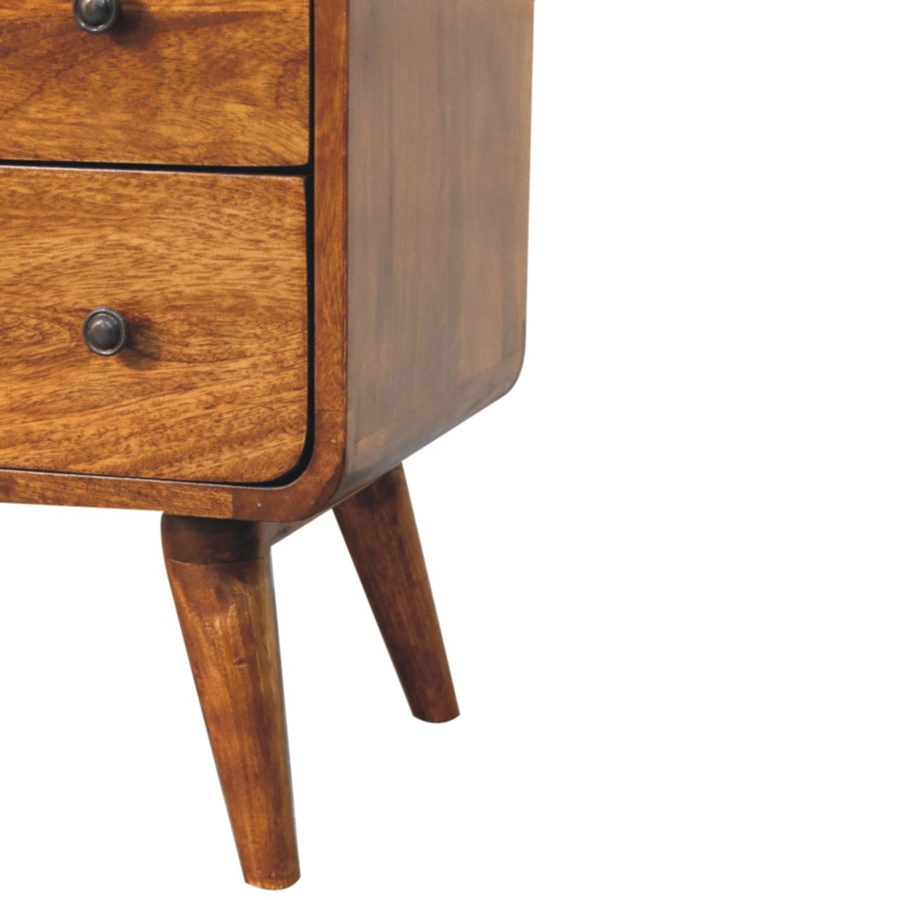Close-up of a wooden cabinet with two drawers and legs on a white background