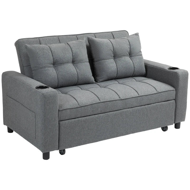 Gray sofa bed with tufted backrest on a white background