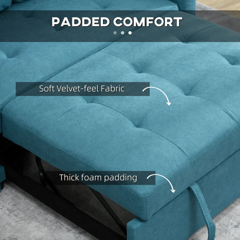 Blue sofa with text highlighting 'Padded Comfort', 'Soft Velvet-feel Fabric', and 'Thick foam padding'.