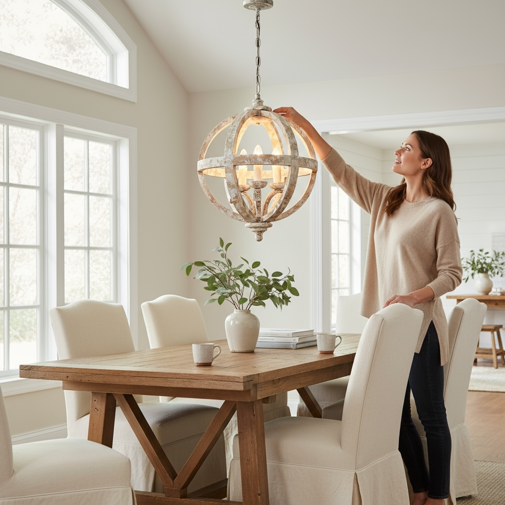 Woman adjusting a chandelier in a bright dining room with wooden table and white chairs.