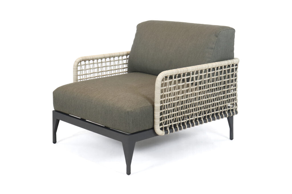 Modern armchair with woven backrest on a white background
