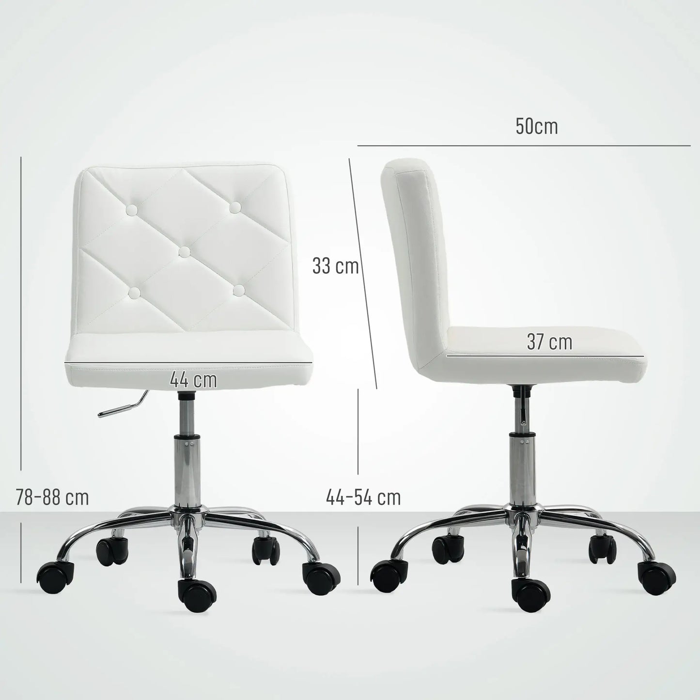 Two white office chairs with dimensions labeled on a light gray background