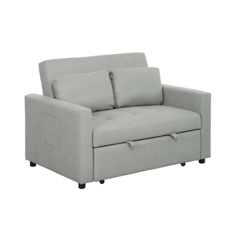 Gray sofa bed with storage compartment on a white background