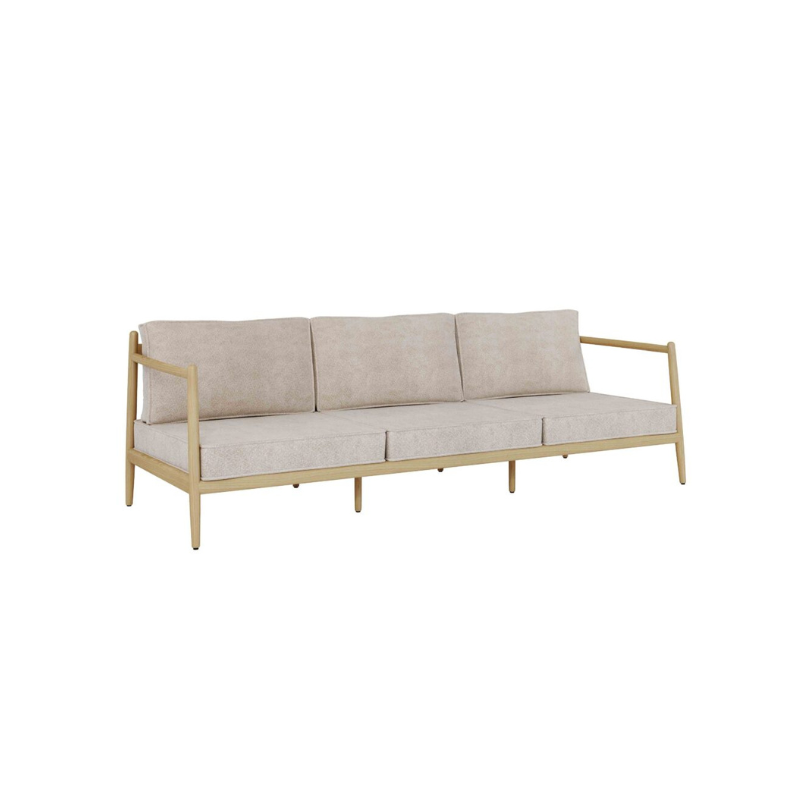 Beige sofa with wooden frame on a white background