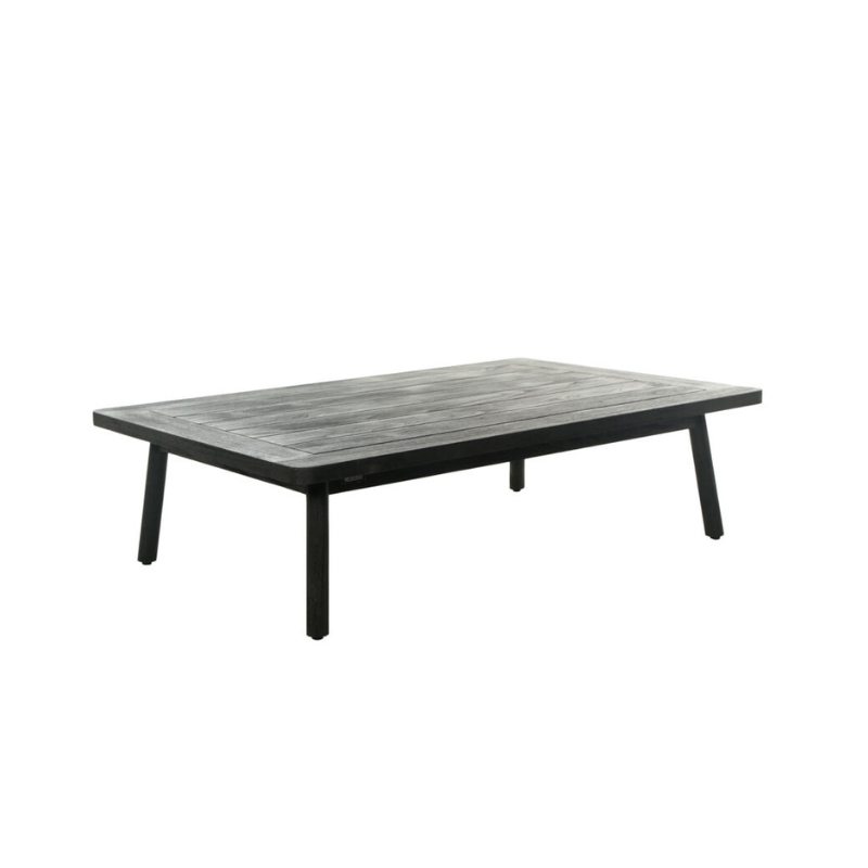 Rectangular outdoor table with a gray top and black legs on a white background