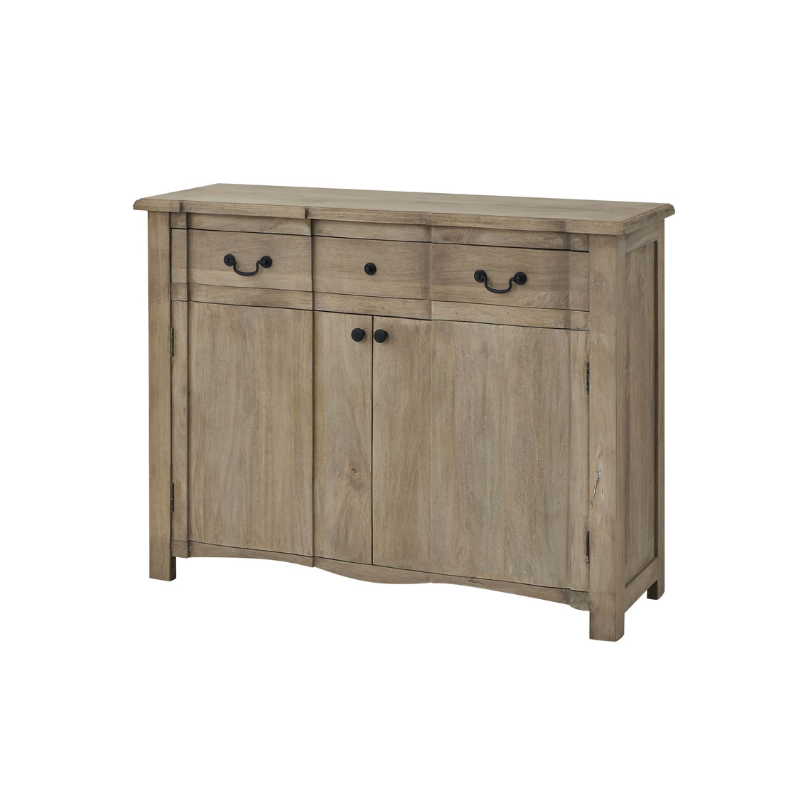 Wooden sideboard with three doors and two drawers on a white background