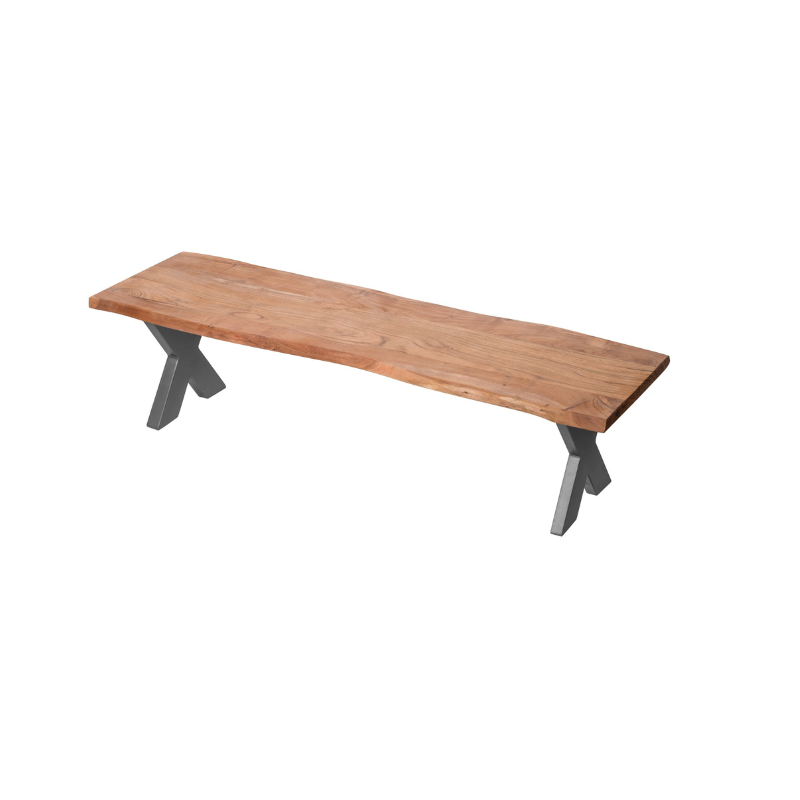 Wooden bench with metal legs on a white background