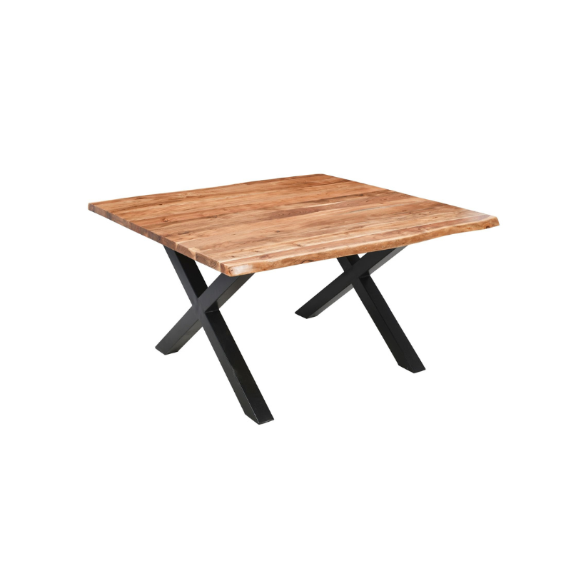 Wooden table with black metal legs on a white background