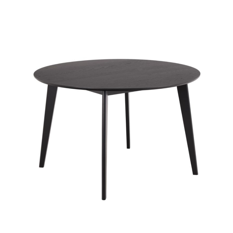 Round black table with four legs on a white background
