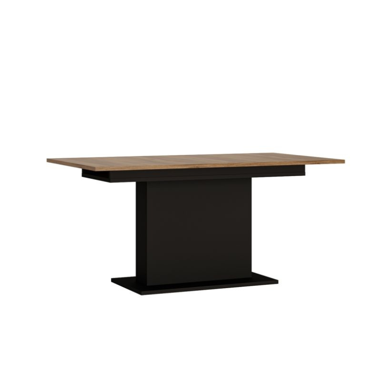 Table with wooden top and black base on a white background