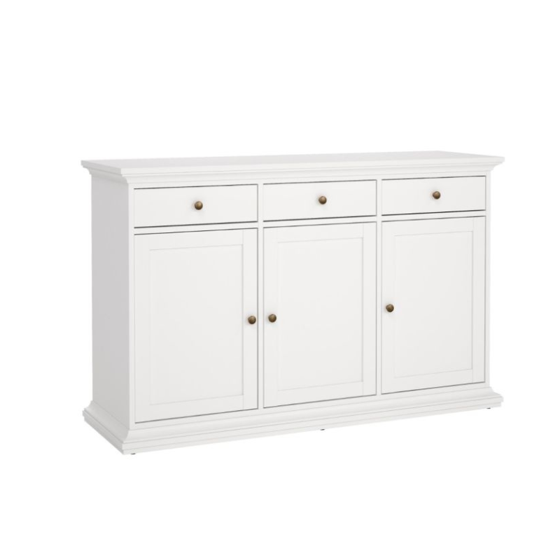 White sideboard with four doors and three drawers on a white background