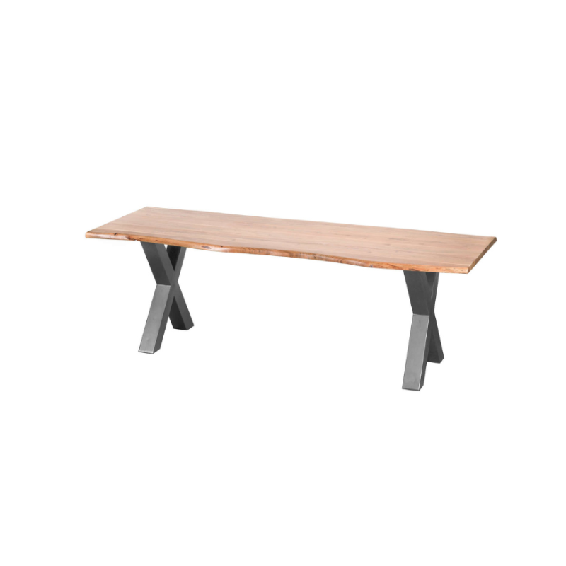 Wooden table with metal legs on a white background