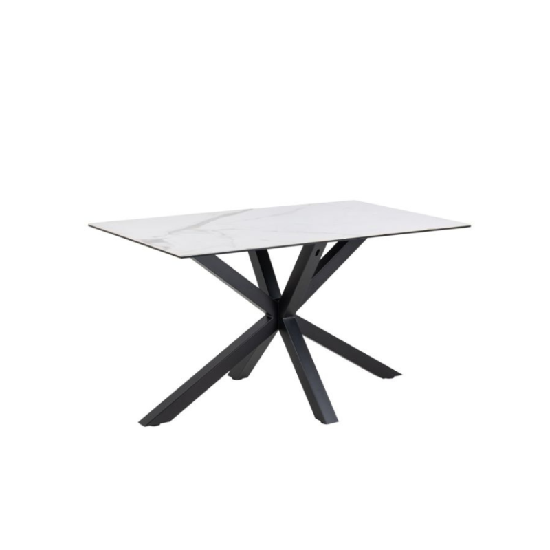 Rectangular table with a white top and black metal legs on a white background