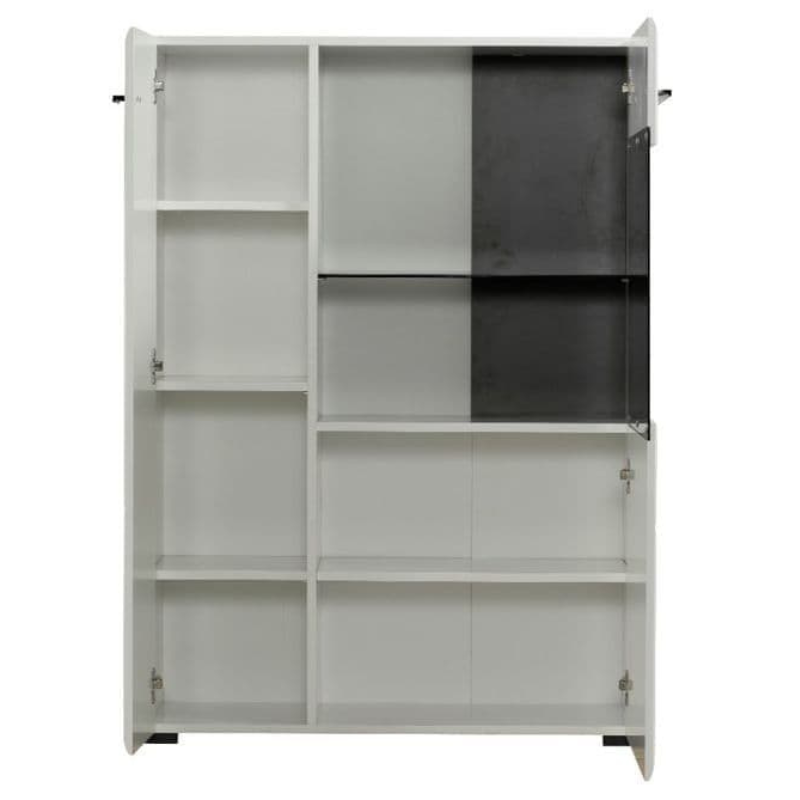 White bookshelf with open doors on a white background