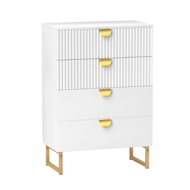 White dresser with gold accents on a white background