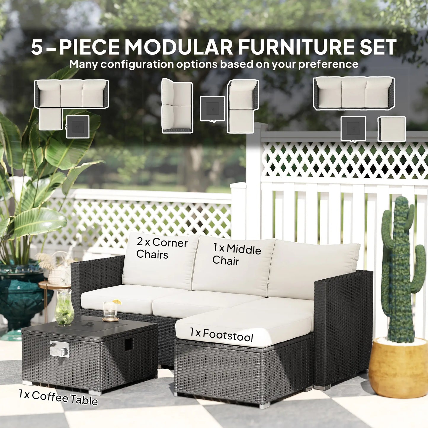 Outsunny Five Piece Rattan Garden Furniture Set with Gas Fire Pit Table and Footstool