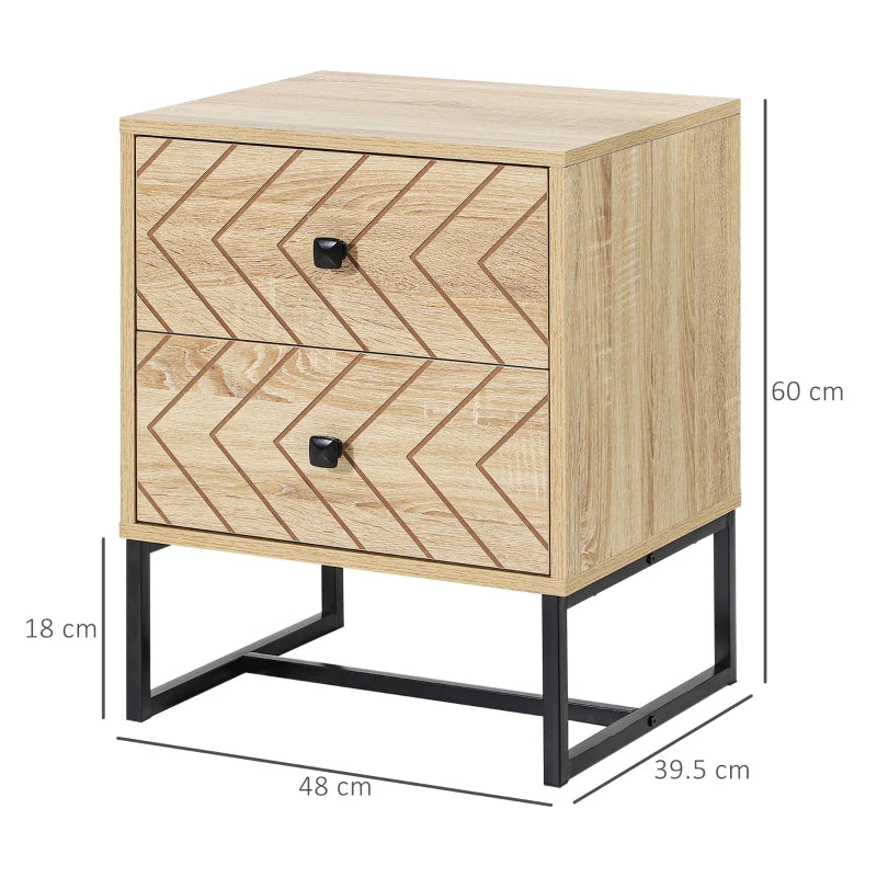 Wooden side table with chevron pattern and dimensions on a white background