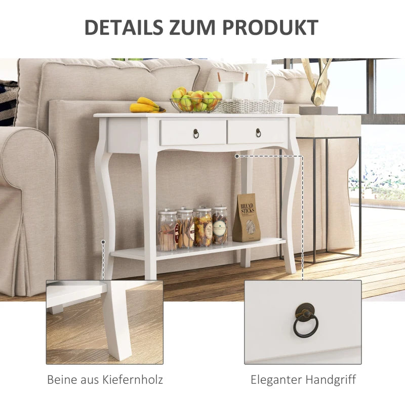 White console table with furniture legs and handle details in a living room setting.