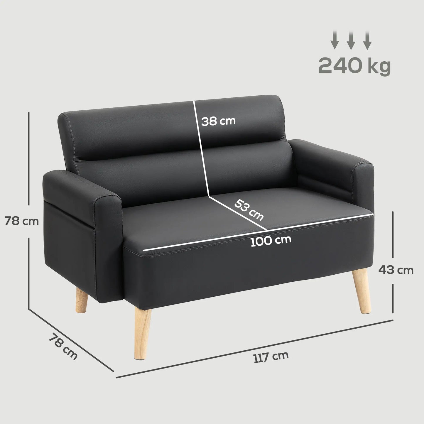 Black sofa with dimensions and weight capacity indicated on a gray background