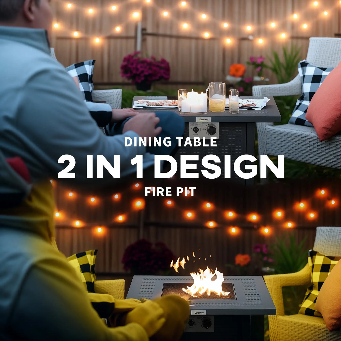Outdoor dining table with fire pit feature, people sitting around, string lights in the background