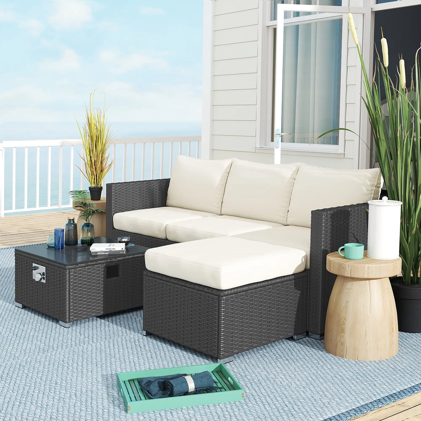 Outsunny Five Piece Rattan Garden Furniture Set with Gas Fire Pit Table and Footstool