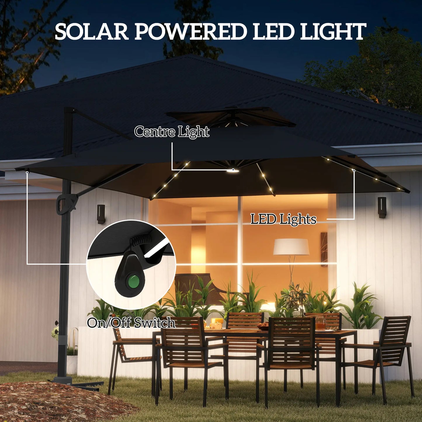 Outsunny 3.5x3 m Garden Cantilever Parasol with Solar LED Lights and Centre Light