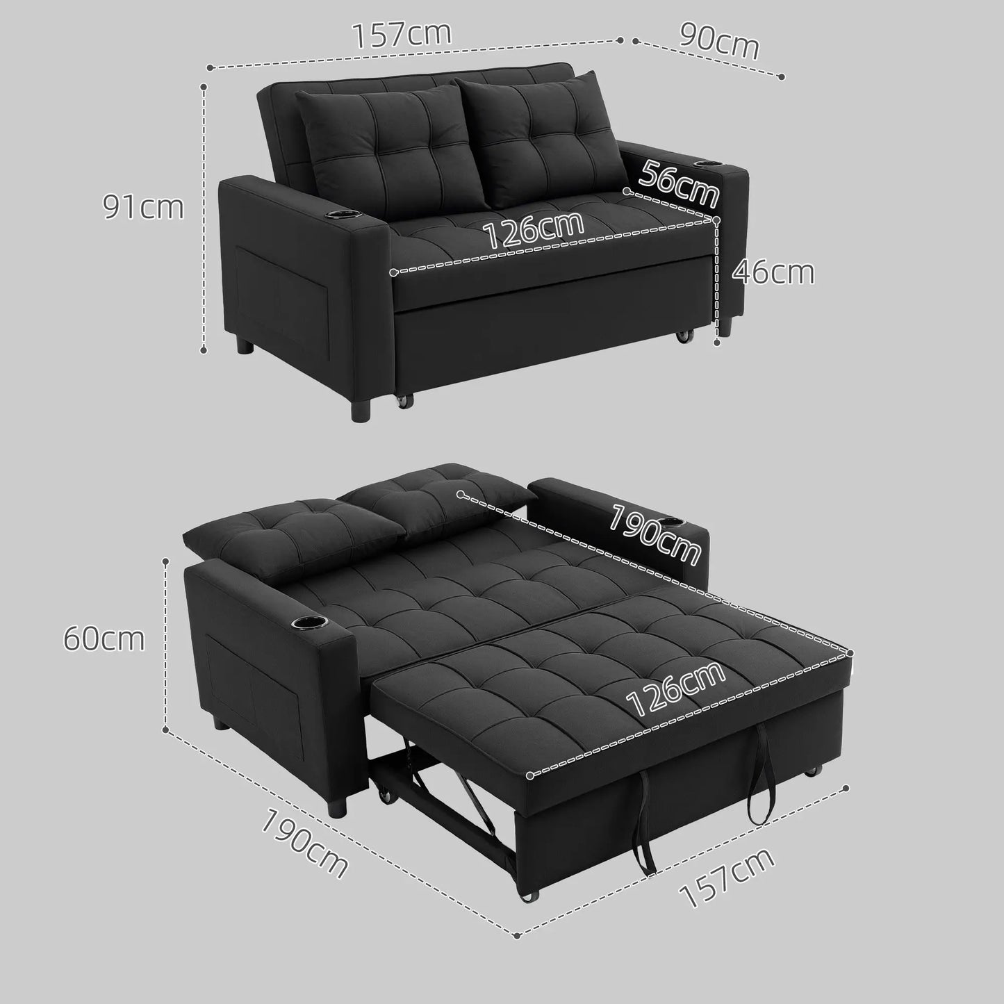 Black sofa bed with dimensions labeled on a gray background