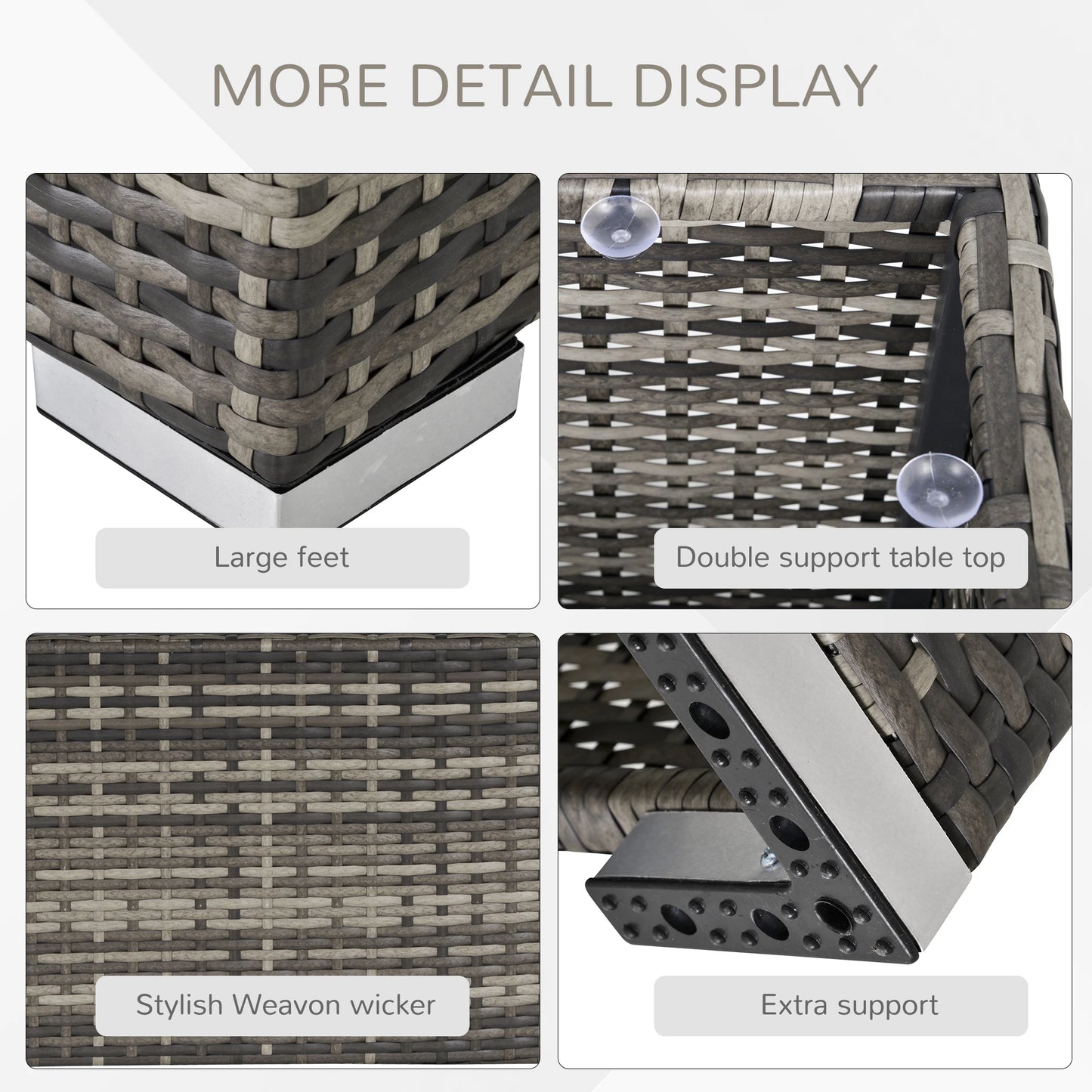 Collage of details about a wicker table with large feet, double support table top, stylish weave pattern, and extra support.