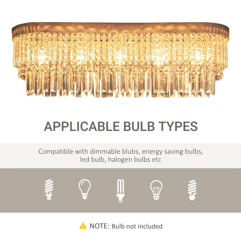 Chandelier with applicable bulb types text and icons on a white background