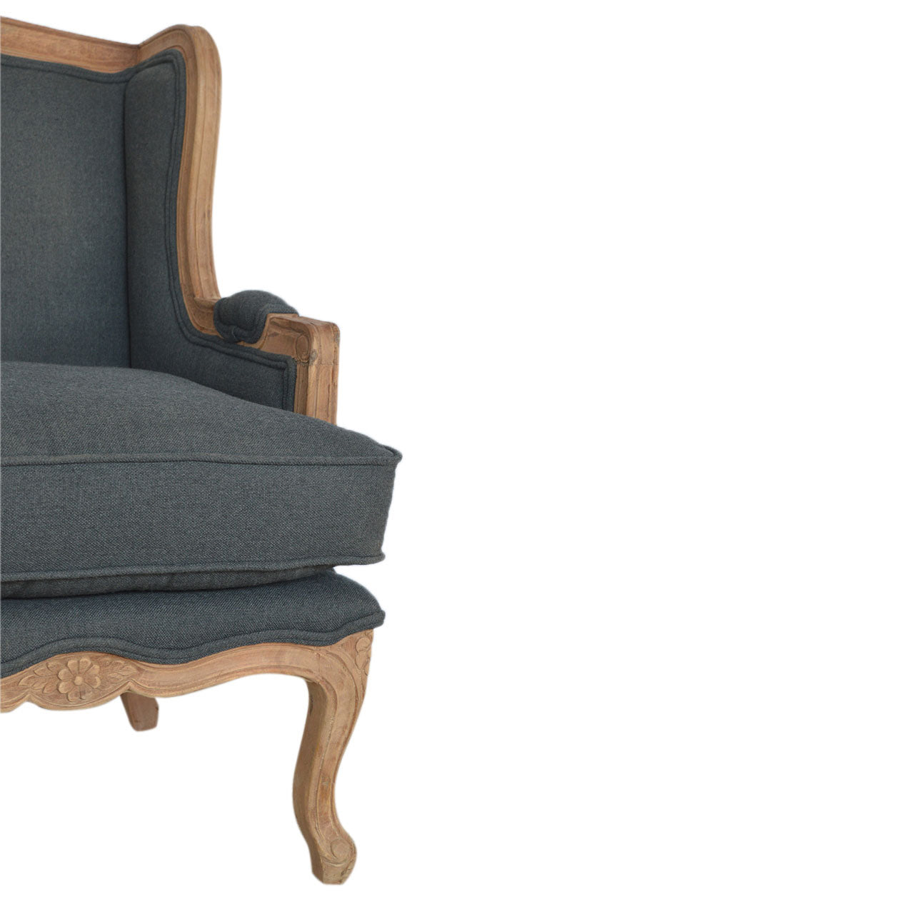 Gray upholstered chair with wooden frame on a white background
