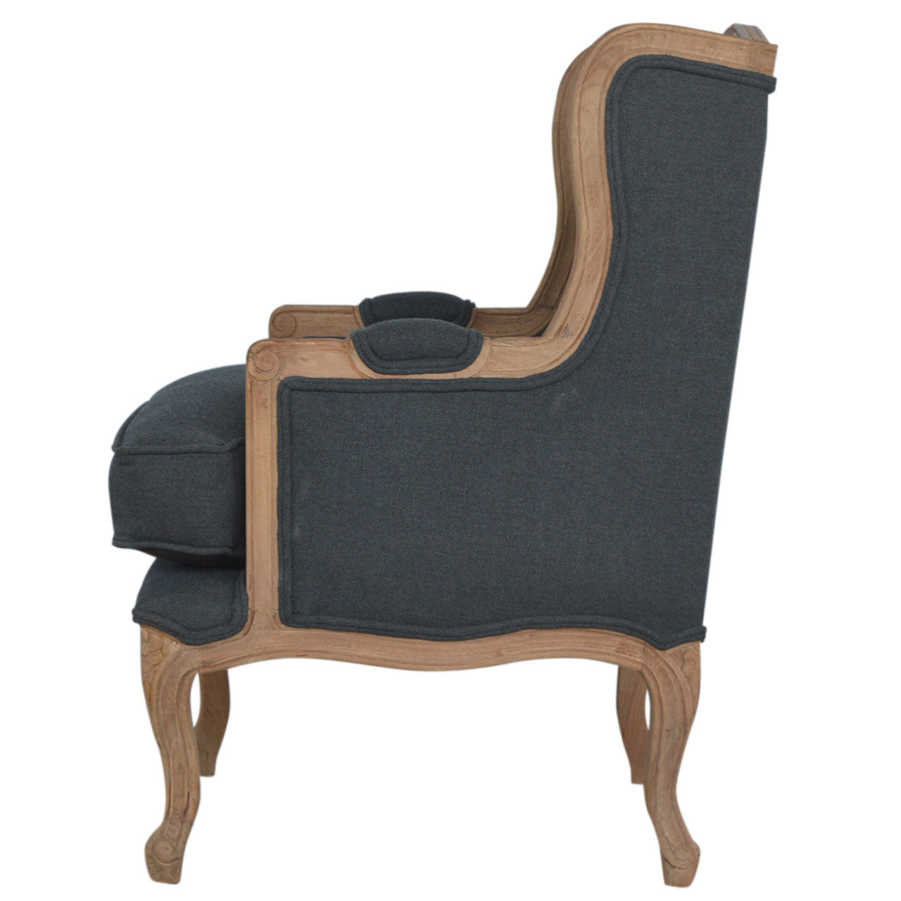 Chair with dark blue upholstered backrest and wooden frame on a white background