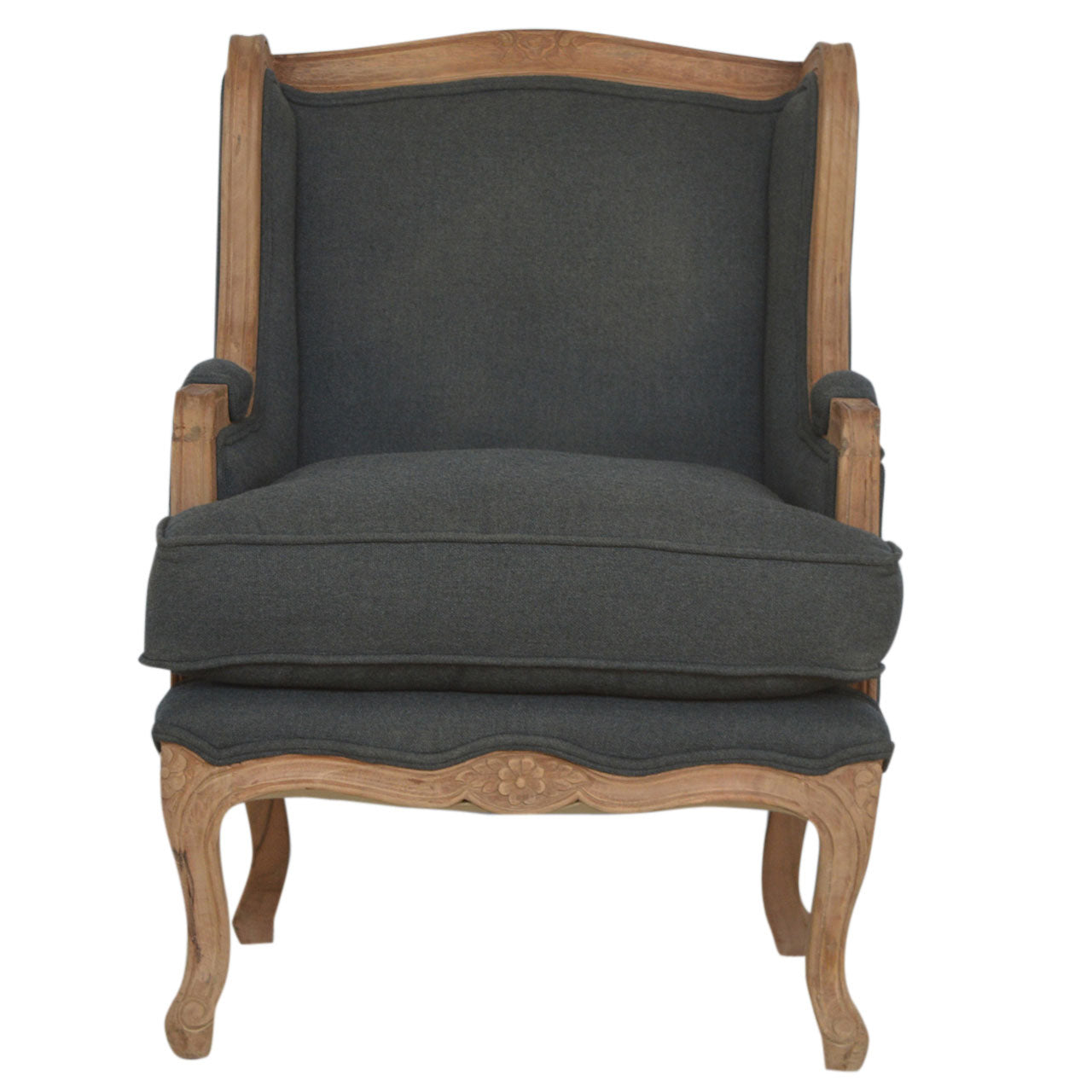 Chair with dark gray cushion and wooden frame on a white background