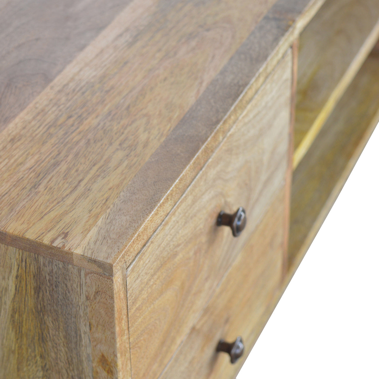 Wooden console table with a rustic finish and metal handles on a white background
