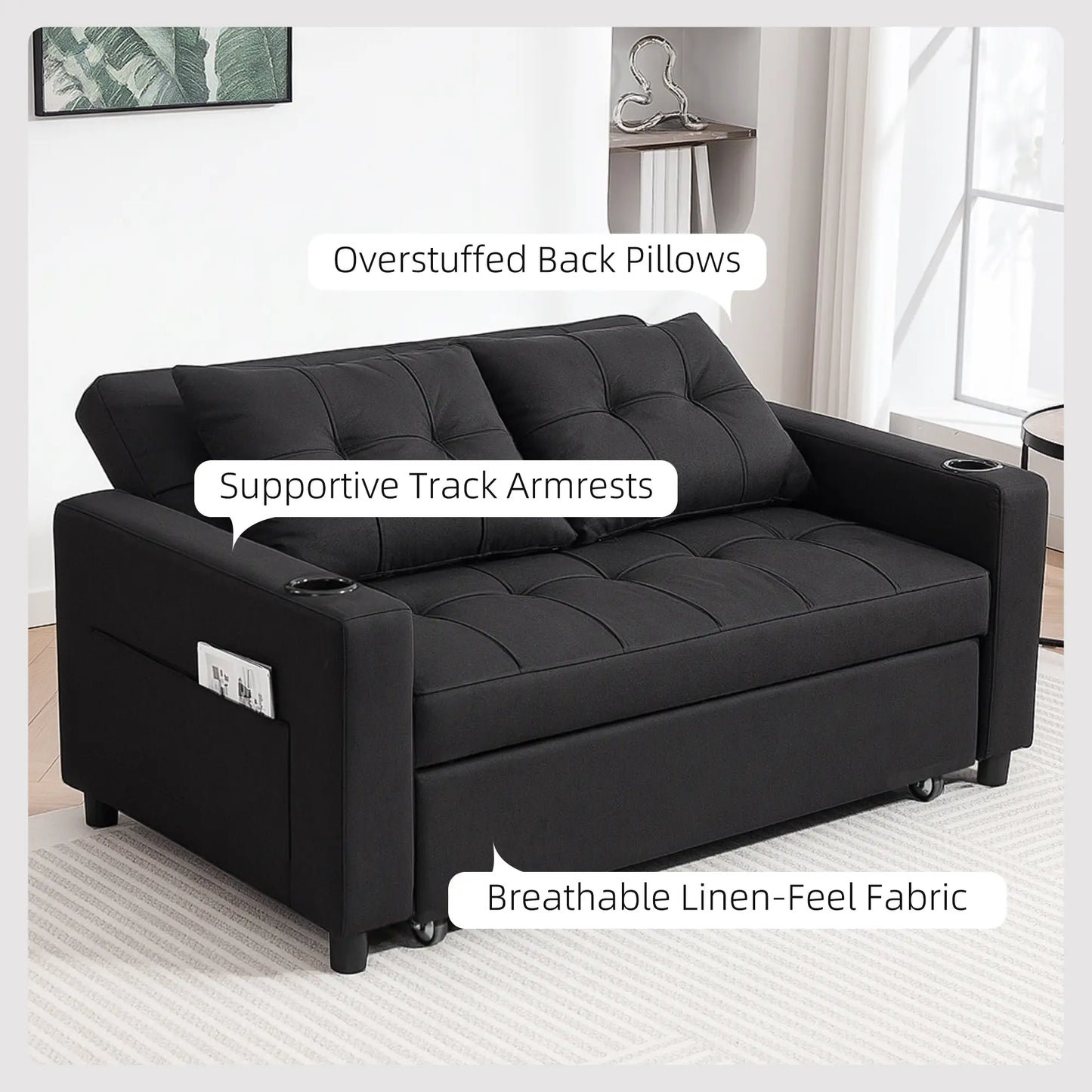 Black sofa with text labels on features in a room setting