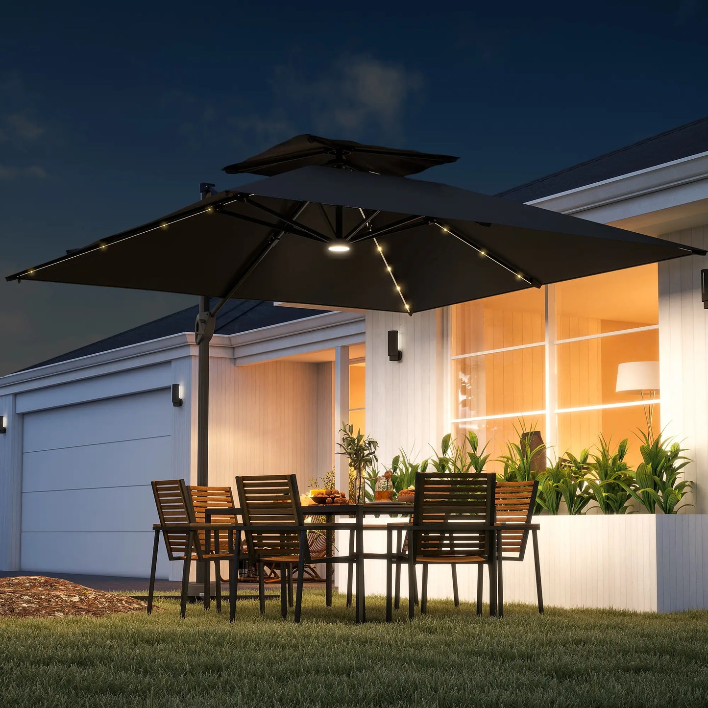 Outsunny 3.5x3 m Garden Cantilever Parasol with Solar LED Lights and Centre Light