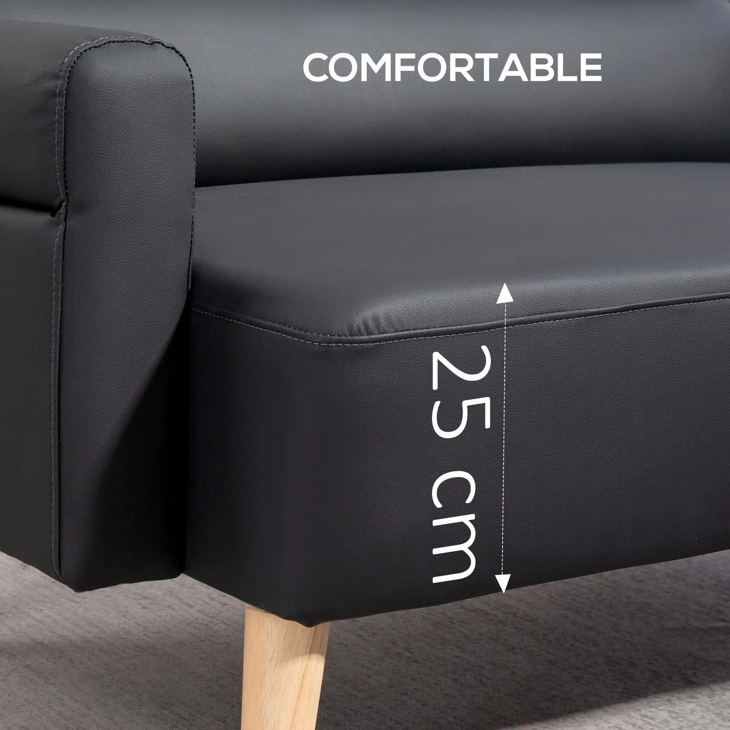 Black sofa with a measurement label indicating 25 cm, emphasizing comfort.