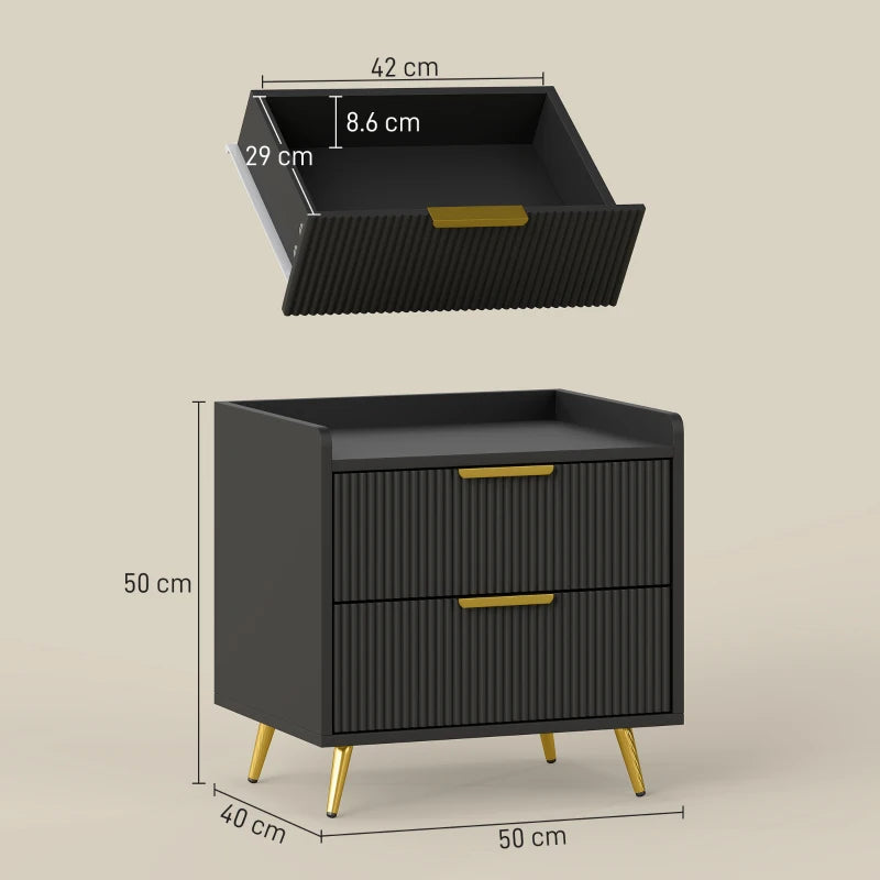Black cabinet with gold legs and drawers, showing dimensions on a beige background