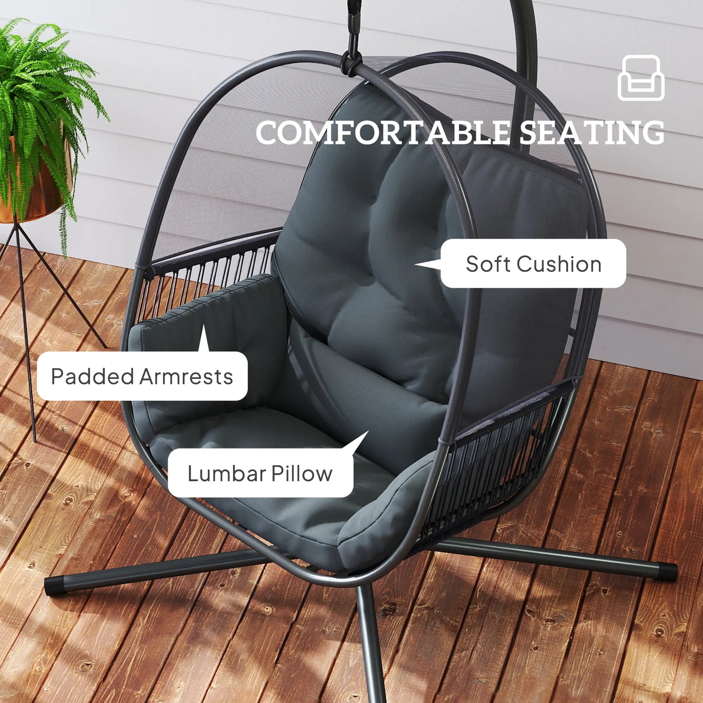 Hanging chair with comfort features labeled on a wooden deck