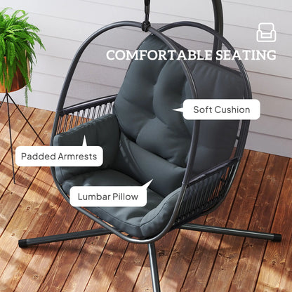 Hanging chair with comfort features labeled on a wooden deck
