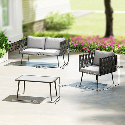 Outdoor furniture set with dimensions displayed on a patio with flowers in the background