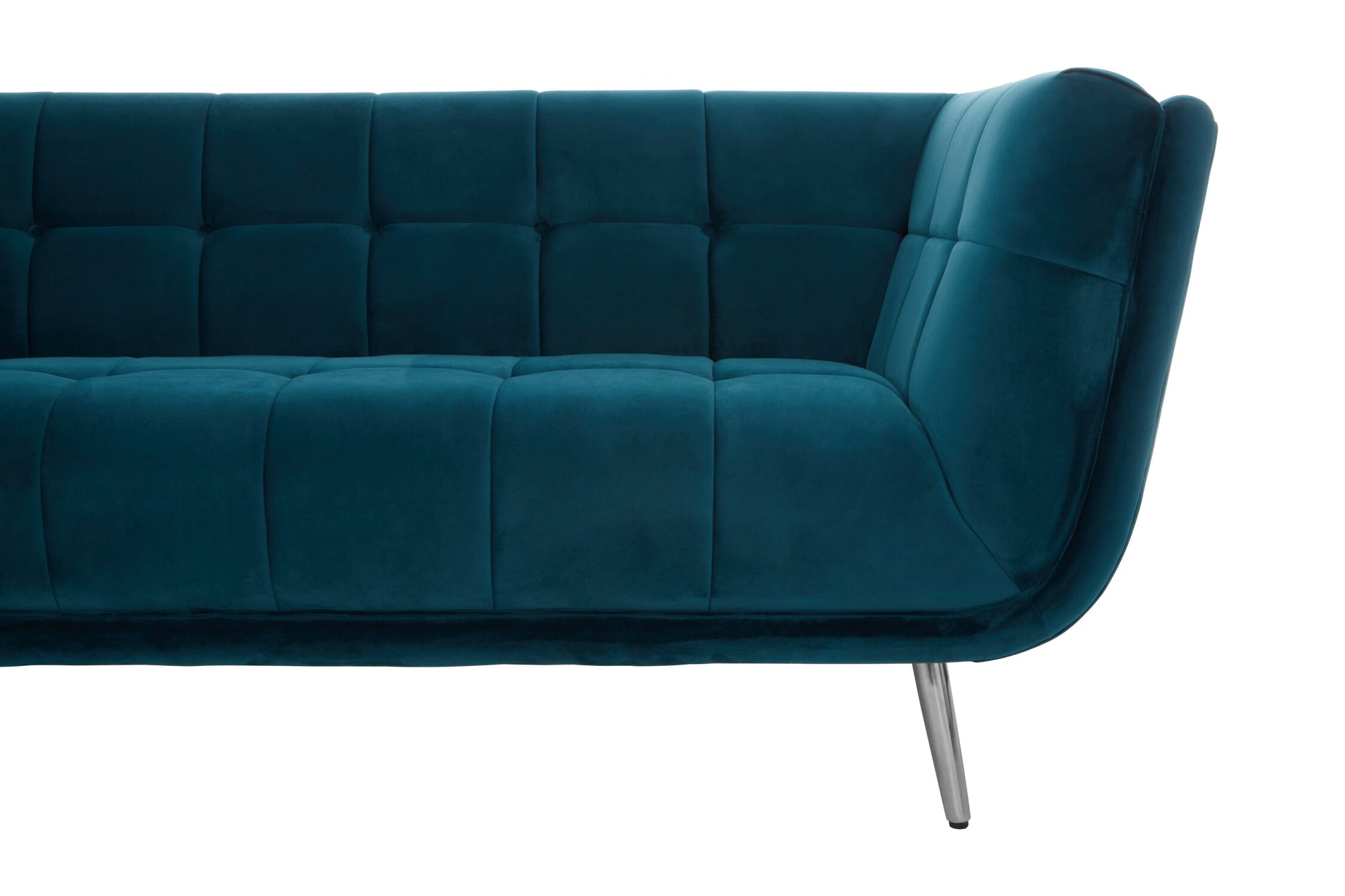 Teal sofa with tufted backrest on a white background