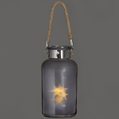 Frosted Grey Glass Lantern with Rope Detail and LED - LuxmeLounge