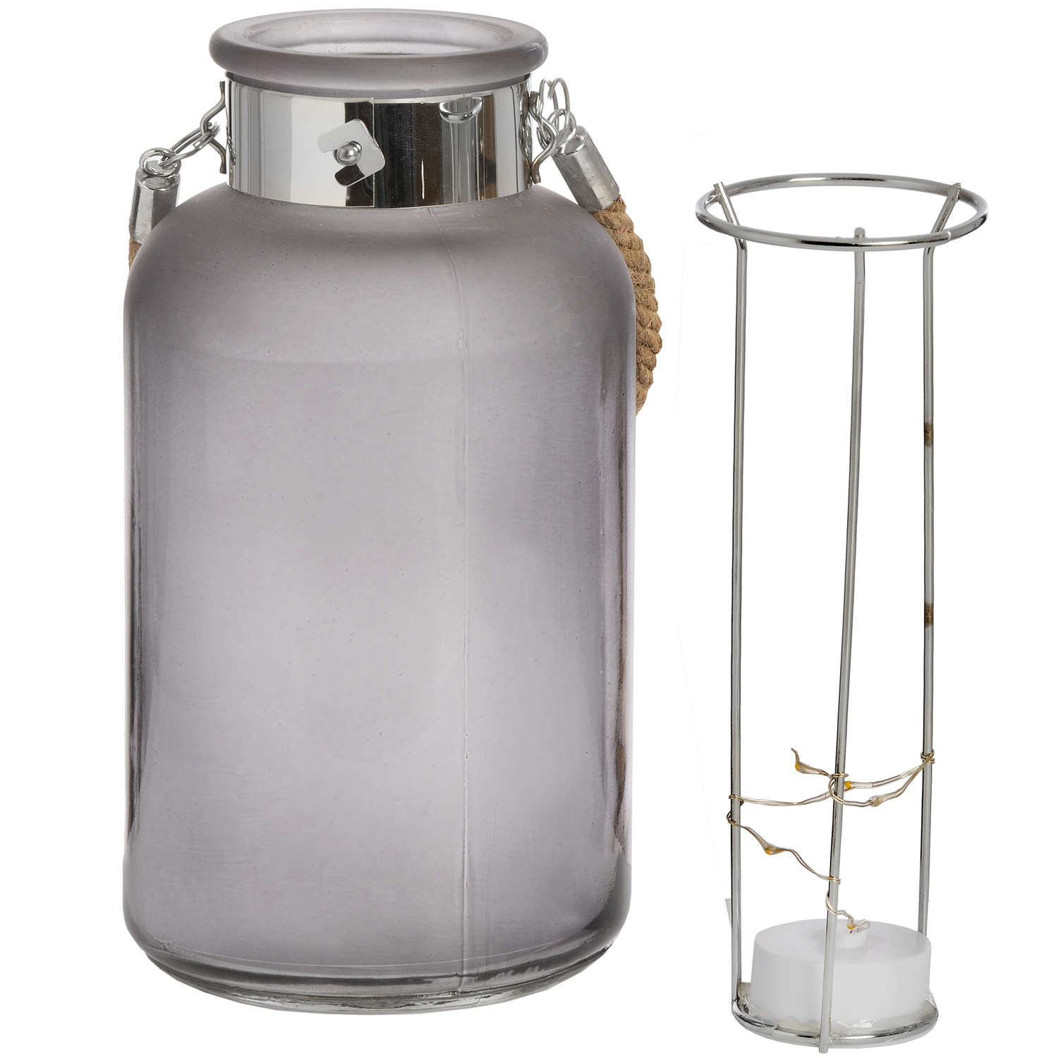 Frosted Grey Glass Lantern with Rope Detail and LED - LuxmeLounge