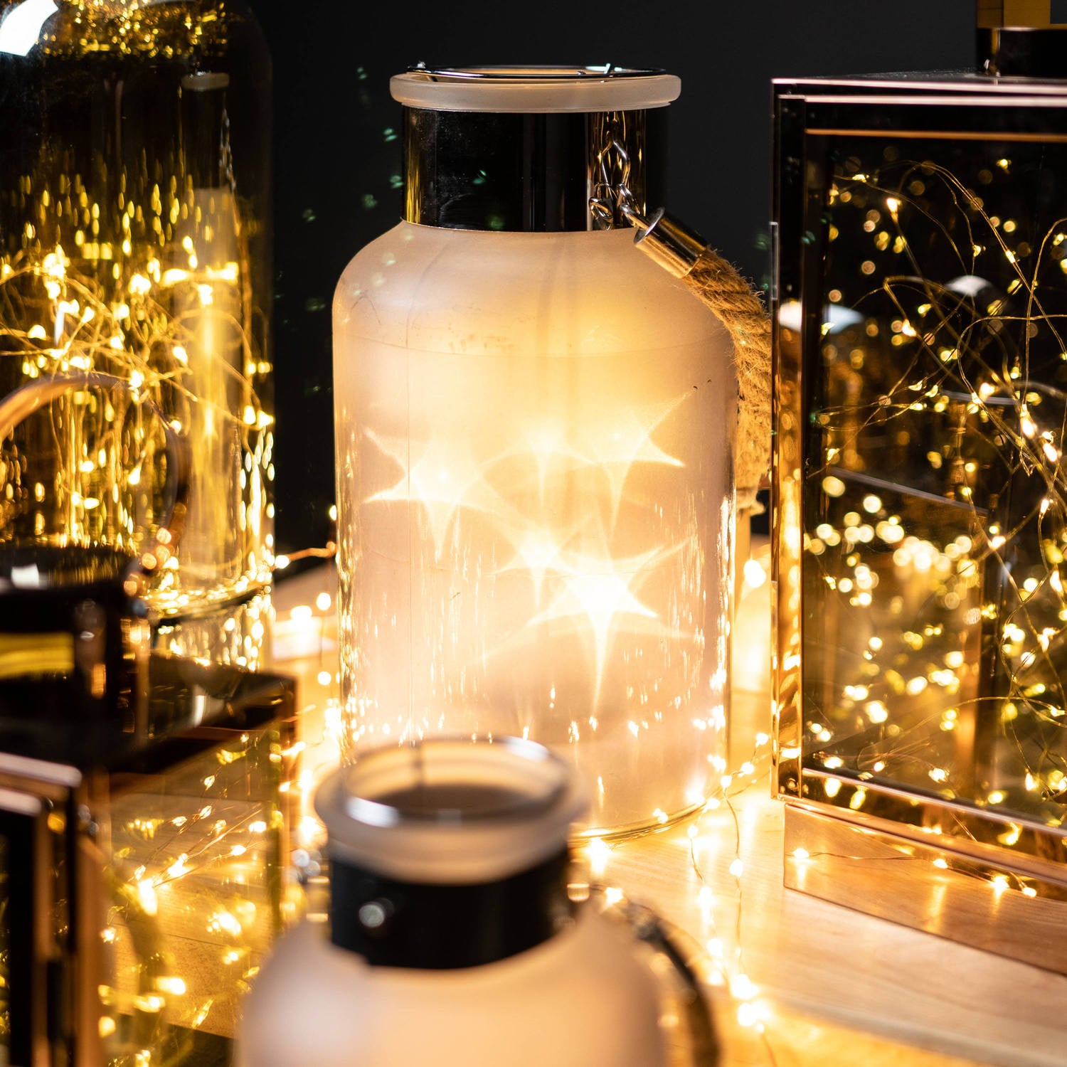 Frosted Grey Glass Lantern with Rope Detail and LED - LuxmeLounge