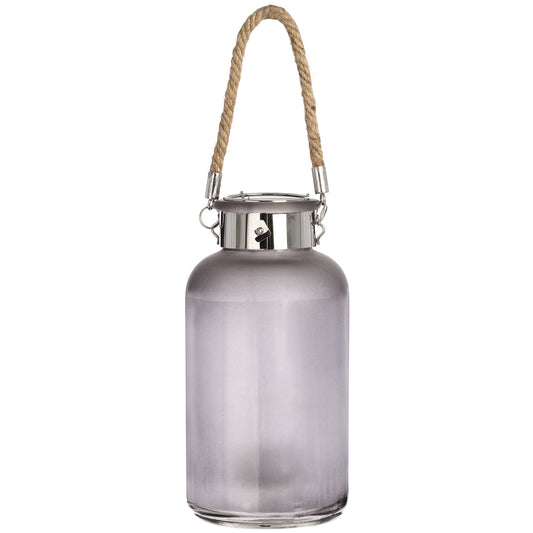 Frosted Grey Glass Lantern with Rope Detail and LED - LuxmeLounge